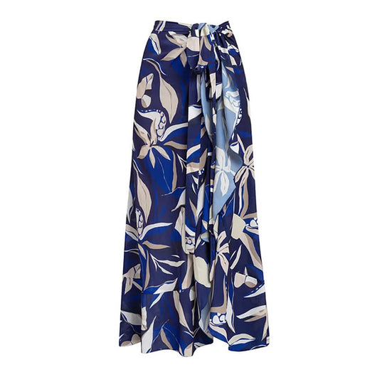 Women's blue and white tropical leaf print two-piece swimsuit with off-shoulder puff sleeves and high-waisted bottoms. - Image 11