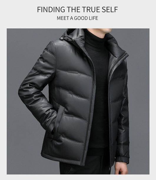 Abrigo de Cuero con Plumón de Pato Blanco para Hombre - Cálido y Elegante - Image 14