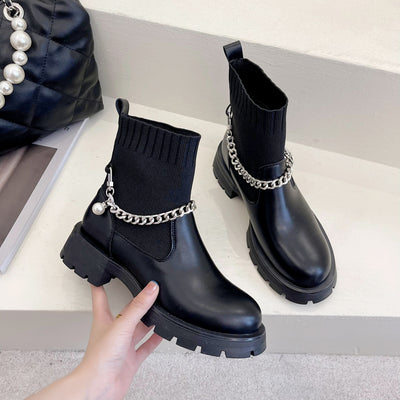 Botas Cortas Retro con Cadena Martin de Punto Elástico Doble Uso - Image 9