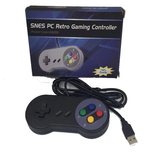 Black USB game controller with a classic SNES-style design, featuring a D-pad and colorful action buttons. - Image 5