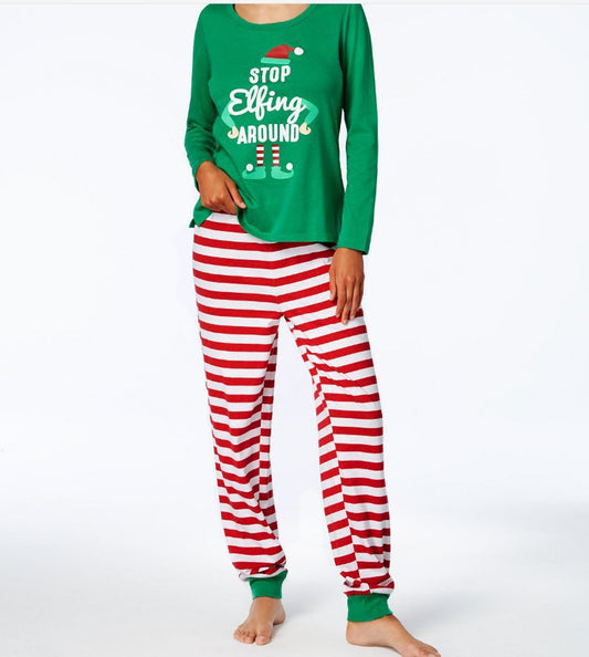 Red and white striped baby footed sleeper with green cuffs and an elf graphic, featuring a full-length zipper. - Image 2