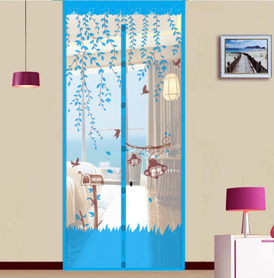 Purple magnetic mosquito curtain with a playful design featuring monkeys, birds, and leaves, installed in a doorway. - Image 8