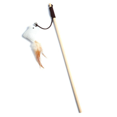 Cat teaser toy with a long wooden pole, a striped ball, brown feathers, and a small bell. - Image 7