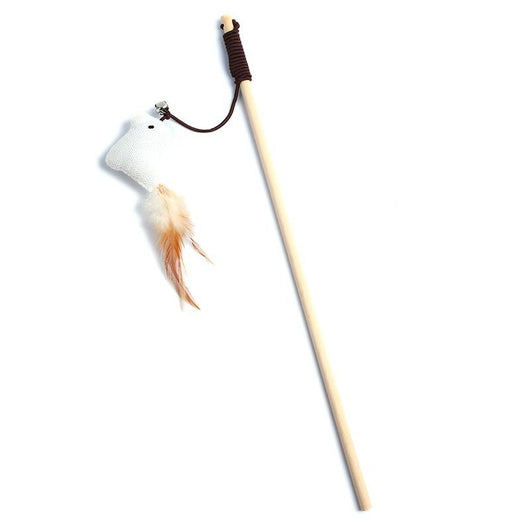 Cat teaser toy with a long wooden pole, a striped ball, brown feathers, and a small bell. - Image 7