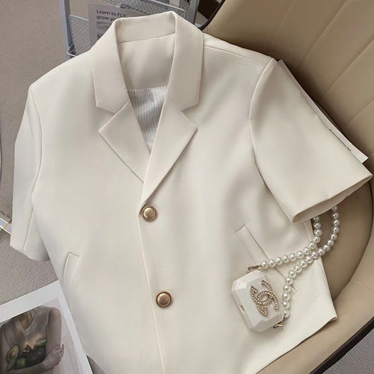 Blazer Ejecutivo Blanco Crema de Manga Corta para Mujer - Image 3