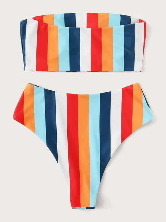 Bikini Arcoíris de Rayas con Estampado en el Pecho y Cintura Alta Abierto - Image 2