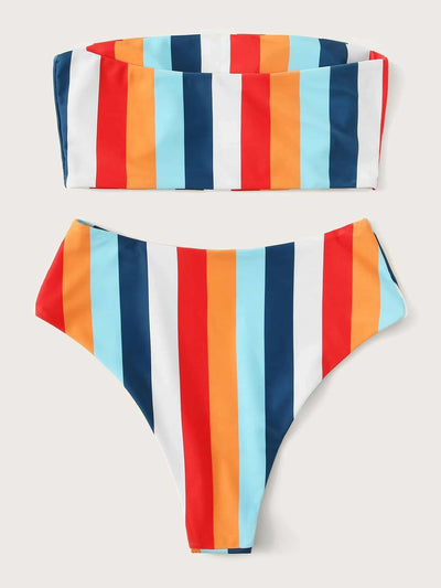 Bikini Arcoíris de Rayas con Estampado en el Pecho y Cintura Alta Abierto - Image 2