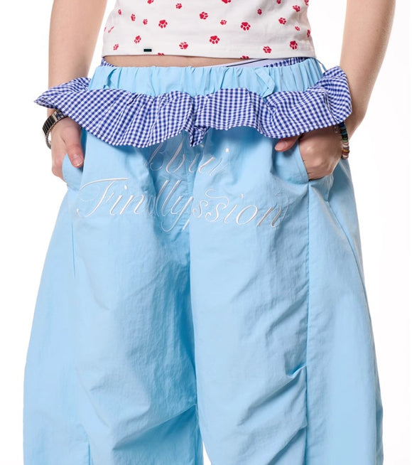 Calça Xadrez Larga com Costura Decorativa - Secagem Rápida Feminina