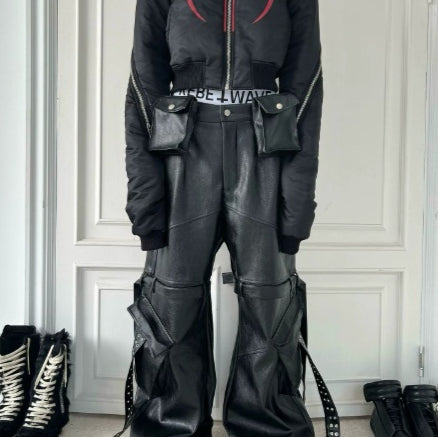 Pantalones de Cuero con Doble Cintura y Cintas Fluidas