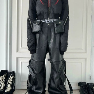 Pantalones de Cuero con Doble Cintura y Cintas Fluidas