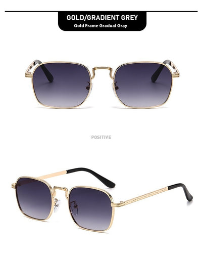 Gold frame square-oval sunglasses with gradient black and grey lenses and black temple tips on a white background. - Image 20