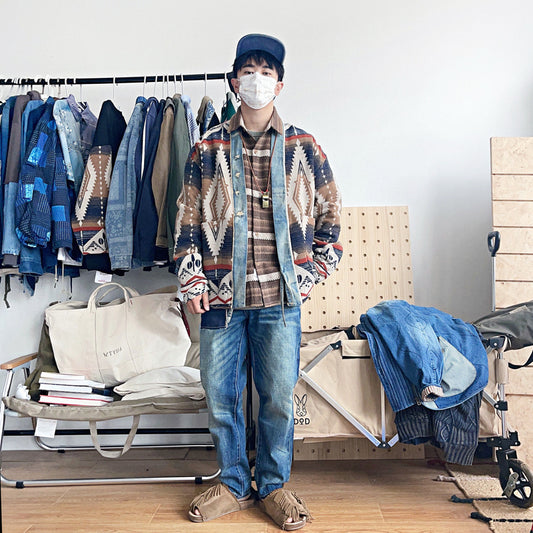 Abrigo de Lana Vintage con Patchwork de Denim para Hombre