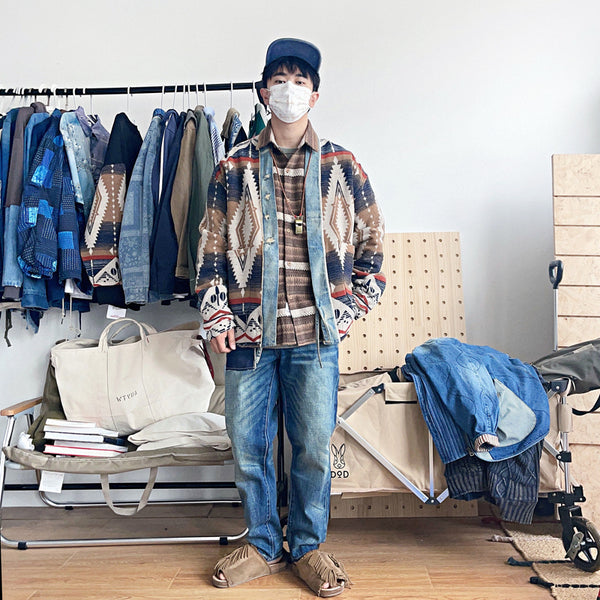 Abrigo de Lana Vintage con Patchwork de Denim para Hombre