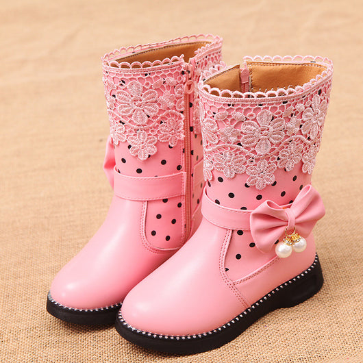 Pink girls' boots with lace trim, polka dots, side zippers, and decorative bows with pearl charms. - Image 12