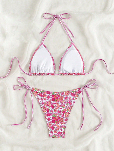 Female creative minimally printed split bikini set with a vibrant bohemian pattern and tie-side bottoms. - Image 25