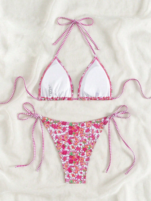 Female creative minimally printed split bikini set with a vibrant bohemian pattern and tie-side bottoms. - Image 25