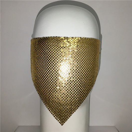 Gold rhinestone mask made of metal mesh, covering the face from the eyes to below the chin, displayed on a white mannequin head. - Image 12