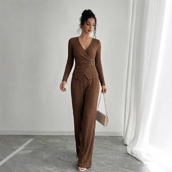 Conjunto de Pantalón y Blusa Cruzada de Manga Larga en Color Sólido para Mujer