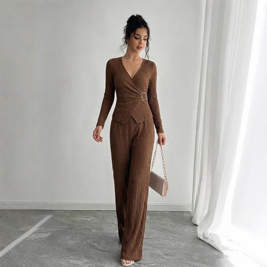 Conjunto de Pantalón y Blusa Cruzada de Manga Larga en Color Sólido para Mujer
