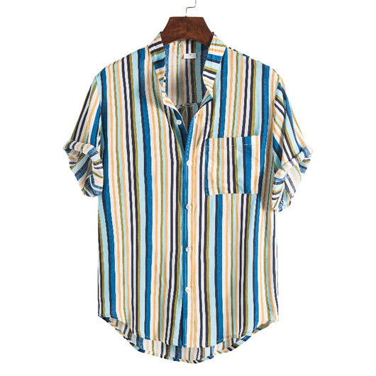Camisa Casual Hombre Talla Grande Cuello Parado Rayas Manga Corta - Image 3