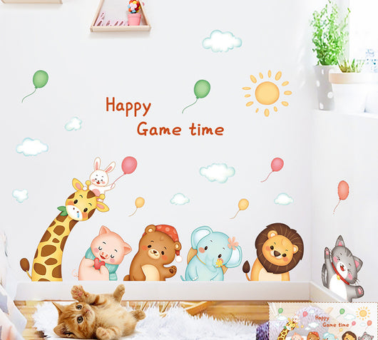 Cartoon cat wall sticker featuring multiple playful cats, one reaching for a fish, with "I LOVE FISH" text. - Image 29