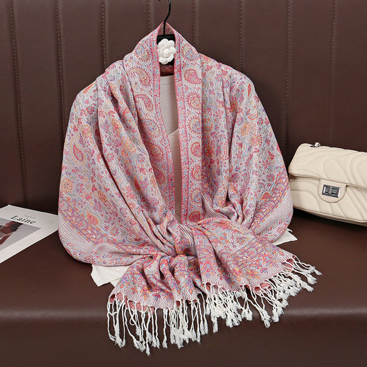 Chal de Lujo Ligero con Jacquard y Borlas de Cachemira - Image 9
