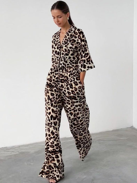 Conjunto Dos Piezas: Blusa Suelta Estampado Leopardo + Pantalón Ancho - Image 4