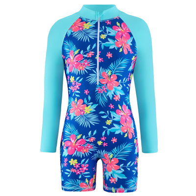 Children's long-sleeve swimsuit with a colorful floral print body and solid pink raglan sleeves, featuring a front zipper. - Image 4