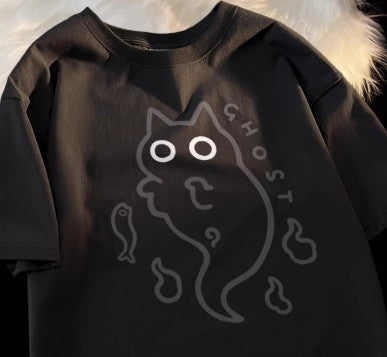 Camiseta de Algodón Puro Holgada con Diseño Fantasma Gato Transparente - Image 17