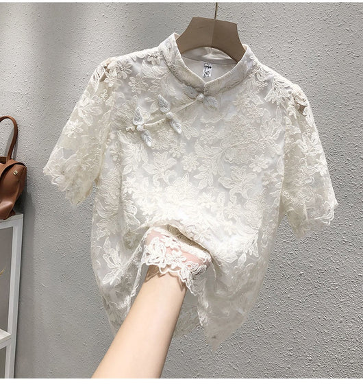 Blusa Étnica China con Encaje y Cierre de Hebilla - Image 23