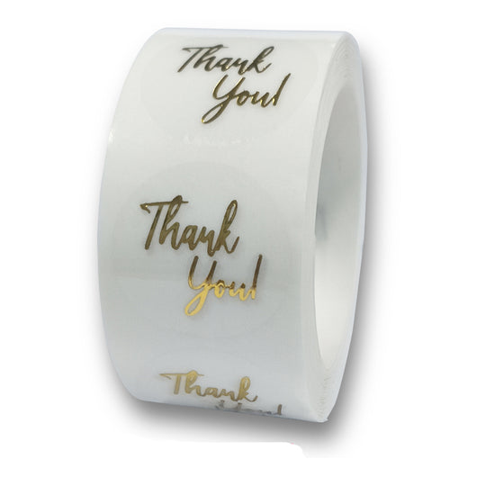 Roll of transparent round adhesive stickers with gold foil "Thank You!" text in a decorative script font. - Image 10