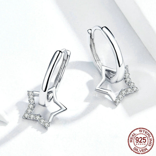 Aretes de Clip Estrella de Cinco Puntas Plata 925 Hipoalergénicos Chapados en Oro Blanco