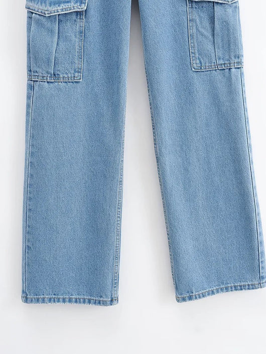 Jeans Azul Lavado Talle Alto Pierna Ancha con Bolsillos Decorados para Mujer - Image 5