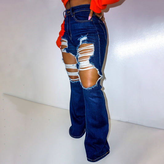 Pantalones Vaqueros Elásticos Tipo Europeo y Americano para Mujer con Corte Ancho y Rotos