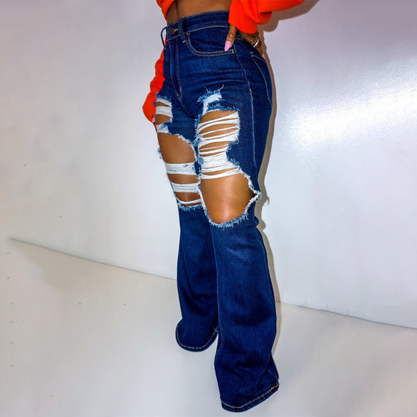 Pantalones Vaqueros Elásticos Tipo Europeo y Americano para Mujer con Corte Ancho y Rotos