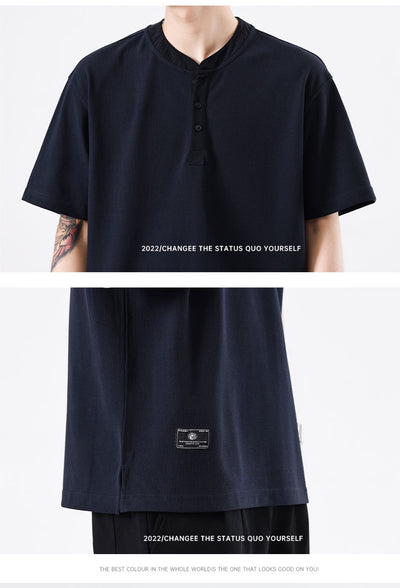 Playera Cuello Henley Básica de Color Sólido para Verano - Image 14
