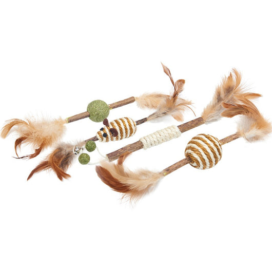 Feather and sisal cat toy with a wooden stick, green sisal ball, and brown feathers for molar cleaning. - Image 5