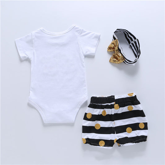 Conjunto de 3 Piezas: Romper Estampado con Letras, Shorts a Rayas y Turbante Blanco - Image 2