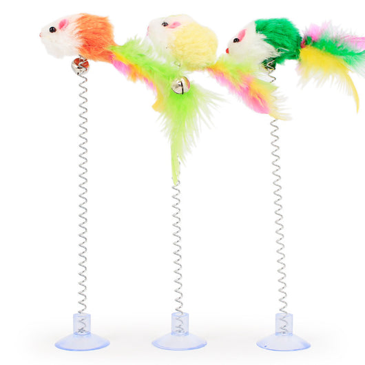 Colorful plush mouse cat toys with feathers, bells, and suction cup springs, designed for interactive play. - Image 8