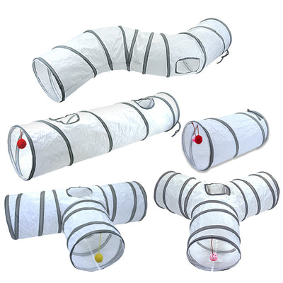 White cat tunnel with dark grey trim, featuring a red and pink hanging toy, measuring 25cm by 50cm. - Image 21