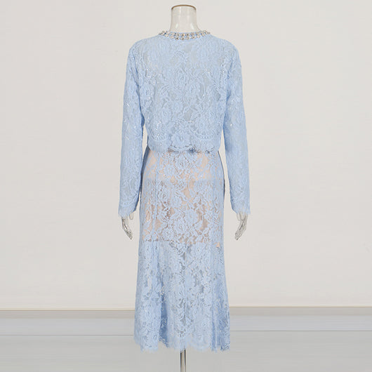 Conjunto Elegante con Blusa de Encaje Diamantado y Falda Cintura Alta - Image 11