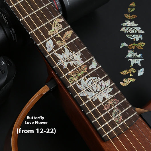 Blue cloud-shaped inlay stickers for guitar fingerboards, shown on a guitar neck and as a full sheet. - Image 17