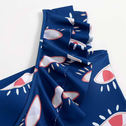 Navy blue mesh sarong with a white and red abstract eye pattern, featuring a tie-front waist and ruffled maxi hem. - Image 18
