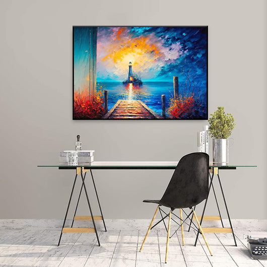 Cuadro Óleo Artesanal Paisaje Marino Faro Abstracto - Decoración Lienzo sin Enmarcar - Image 3