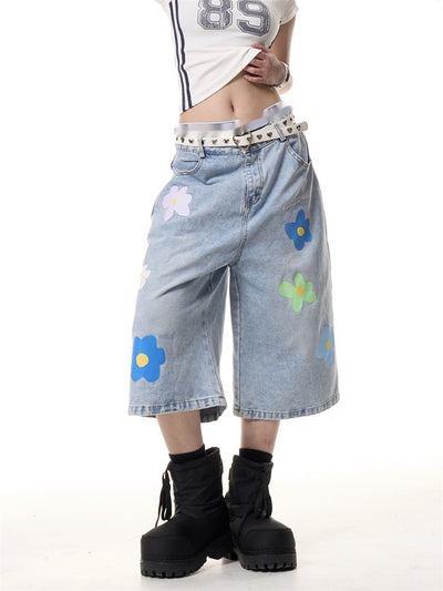 Pantalón Vaquero Vintage Cropped de Pierna Recta con Flores para Mujer - Image 2