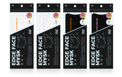 White V-shape face mask with pink ear loops, packaged in a clear and black pouch, size S, by Kalor Cvre. - Image 4