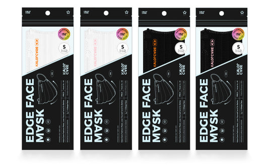 White V-shape face mask with pink ear loops, packaged in a clear and black pouch, size S, by Kalor Cvre. - Image 4