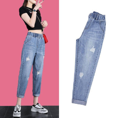 Pantalones Harem Rabanero de Cintura Alta con Rotos y Elástico Fino - Image 4