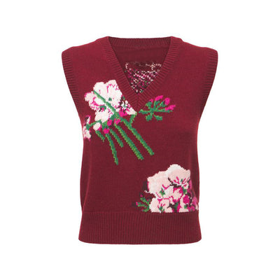 Chaleco Tejido Retro con Intarsia Floral y Cuello en V - Image 3