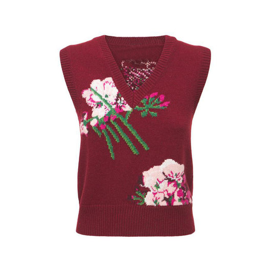 Chaleco Tejido Retro con Intarsia Floral y Cuello en V - Image 3